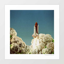Load image into Gallery viewer, Houston We Have Cauliflower a surreal collage wall art featuring a NASA inspired rocket ship blasting off from giant cauliflower clouds. Perfect for kitchen art, vegan wall decor, man caves, and boys bedroom posters. This playful food and space artwork blends retro collage, cosmic exploration, and quirky humour for a one of a kind art print. Great for astronauts, science lovers, and home decor enthusiasts who enjoy surreal, conversation-starting pieces of wall art.