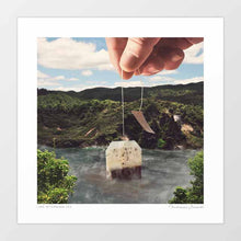 Load image into Gallery viewer, Bring serenity and humor into your space with “Lake Afternoon Tea”, a surreal art print showing a teabag steeping in a lake. This nature-inspired artwork appeals to tea lovers, self-care enthusiasts, and those seeking wellness-themed décor. Great for kitchens, dining rooms, spas, and boutique cafés, this quirky yet relaxing collage adds personality to gallery walls. A perfect gift for anyone who appreciates afternoon tea, hot drinks, and playful yet calming artwork for home décor.