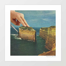Load image into Gallery viewer, “Serving Up Cake by the Seaside” art print offers surreal charm with cliffs transformed into a slice of cake served on a plate. This imaginative collage poster is ideal for cafés, restaurants, and home kitchens looking for quirky and playful wall decor. Perfect for art buyers seeking posters, surreal wall prints, and gallery wall inspiration. A whimsical and conversation-starting piece of art that blends seaside landscapes with food culture in a bold surrealist style.
