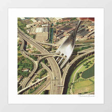 Load image into Gallery viewer, “Spaghetti Junction” is a surreal pop art print that turns a massive highway system into a playful pasta dish, complete with a giant fork twirling roads like strands of spaghetti. Perfect wall art for food lovers, pasta enthusiasts, and those searching for Italian kitchen décor, quirky restaurant posters, or transport-themed art. A trippy collage design blending humor, architecture, and retro vibes for gallery walls, cafés, and funky dining room interiors.