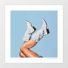 Load image into Gallery viewer, Illuminate your space with 'These Boots - Glitter Blue,' a striking digital artwork featuring glittery blue cowgirl boots set against a vibrant, energetic backdrop. This piece is perfect for adding a touch of glam and western charm to any decor, seamlessly blending boho-chic and modern styles. Ideal for home, office, or studio spaces, this artwork brings a bold, stylish vibe and a splash of color.