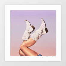 Load image into Gallery viewer, These Boots - Miami Vibes blends Western cowboy elements with a trendy and cool art deco vibe aesthetic. With its charming Miami sky evening tones, it complements various home decor styles. This captivating piece resonates with rodeo enthusiasts, art collectors, and those seeking a captivating art deco cowboy aesthetic. Embodying the essence of Western charm and Florida flair.