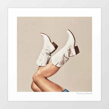 Load image into Gallery viewer, Enhance your decor with 'These Boots - Neutral Beige,' a captivating digital artwork featuring elegant beige cowgirl boots set against a serene, neutral backdrop. This piece blends rustic charm with modern sophistication, making it perfect for home, office, or studio decor. Its versatile beige tones complement any interior style, from boho-chic to minimalist. Transform your space with this stylish and timeless artwork.
