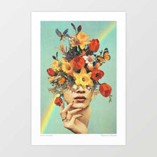 Load image into Gallery viewer, "Baby's in Bloom" artwork by Vertigo Artography featuring a surreal blend of flowerhead art and human form with vibrant flowers, butterflies, and nature-inspired elements.Perfect for contemporary art lovers, this artwork adds a unique touch to any space, celebrating the harmony between humanity and nature. Discover the allure of "Baby's in Bloom" and enhance your collection with this mesmerizing masterpiece.