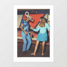 Load image into Gallery viewer, Dancephobia artwork featuring a man with a wind-up key for a head, humorously depicting dance and anxiety in a retro, surreal style. Inspired by Duran Duran art . Buy this Humorous and whimsical art piece for your wall art collection today
