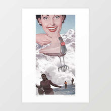 Load image into Gallery viewer, Surrealist artwork titled "Doris Whisker" by Vertigo Artography, depicting a retro vintage hand mixer whisking clouds amidst a mountainous landscape. Perfect for adding a whimsical and unique touch to any room.