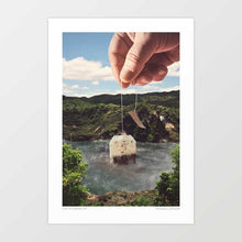 Load image into Gallery viewer, “Lake Afternoon Tea” is a surreal collage print where a giant teabag dips into a tranquil mountain lake, transforming the scene into an oversized cup of tea. Perfect wall décor for tea lovers, wellness enthusiasts, and self-care seekers, this nature-inspired artwork is ideal for spa interiors, kitchens, dining rooms, cafés, and cozy homes. A quirky, imaginative print for those who love afternoon tea, relaxation, and fresh brews served with a touch of humor and surrealism.