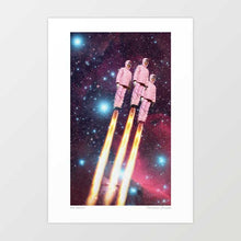 Load image into Gallery viewer, Embark on an interstellar journey with "Pink Rockets," where three women don retro-futuristic pink space suits and soar into the cosmos in perfect formation. Against the backdrop of the infinite expanse, their sleek rockets propel them toward distant galaxies. With a nod to nostalgia and a vision of the future, this artwork ignites imagination and wonder. Vibrant hues and dynamic composition capture the essence of adventure and exploration.