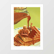 Load image into Gallery viewer, Retro kitsch artwork “Pour Some Syrup on Me” shows a glamorous 1960s pin-up model lounging across a golden waffle stack as maple syrup cascades over her. With playful burlesque energy and vintage diner vibes, this wall art is perfect for kitchens, cafes, breakfast nooks, or retro-inspired interiors. Ideal for fans of pin-up prints, American diner decor, foodie artwork, and vintage-style posters, this surreal artwork blends sensuality, humour, and nostalgia in one bold breakfast scene.