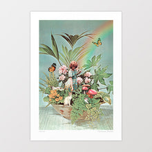 Load image into Gallery viewer, Surreal psychedelic botanical print “Sanctuary” shows a whimsical fantasy garden in a bowl, filled with lush greenery, mushrooms, florals, butterflies, and a central dreamlike figure, all illuminated by a rainbow arc. This nature-inspired wall art is perfect for daydreamers, plant lovers, and fans of trippy artworks. A unique botanical collage print ideal for modern interiors, bedrooms, meditation corners, or as a standout piece for any wall art and home decor collection.