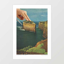 Load image into Gallery viewer, Serving Up Cake by the Seaside a surreal collage wall art featuring a coastal rock formation served up like a slice of cake on a giant plate, with a hand delicately placing it down against a seaside backdrop. This quirky and imaginative artwork combines food themes with surreal landscapes, perfect for buyers searching for collage art prints, posters, and unique wall decor. Ideal for homes, cafés, restaurants, and creative spaces that want statement artwork with playful charm.