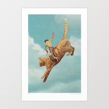 Load image into Gallery viewer, “Mewhaw – Rodeo Cat” surreal artwork featuring a cowboy in full rodeo style riding a giant orange tabby cat bucking high into the sky. Set against a dreamy blue sky backdrop, this vintage-inspired western collage combines classic Wild West cowboy culture with cat lover humor. Perfect for ranch-style interiors, cowgirl-core homes, or quirky western decor, this surreal wall art blends rodeo themes, yeehaw vibes, and playful feline energy into a unique conversation-starting print.