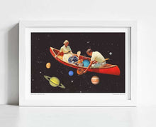 Load image into Gallery viewer, Big Bang Generation artwork featuring a couple rowing a red canoe through space with planets. Surreal space-themed art symbolizing exploration, discovery, and human potential. Perfect for lovers of cosmic, imaginative, and surrealistic art. Ideal for home decor and unique art collections.