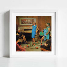 Load image into Gallery viewer, "Aunt Sadie's Fashion Conscious Group" artwork by Vertigo Artography, featuring elegantly dressed women around a pentagram with red candles. A blend of vintage charm and modern surrealism, perfect for adding intrigue and sophistication to any space. Buy now and elevate your space with this conversation starter.