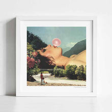 Load image into Gallery viewer, "Bubble Gum Girl" artwork blending surrealism and pop culture. Featuring a serene girl blowing a pink bubble against a tranquil natural background, this whimsical piece is ideal for modern art enthusiasts and collectors. Captures the playful essence of contemporary creativity set amongst a serene nature landscape photography