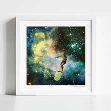 Load image into Gallery viewer, osmic Surfer artwork - Surfer navigating through space, blending ocean waves with the cosmos. Perfect for modern art lovers. Available in high-quality prints and canvases. Add adventure to your home or office decor for surreal and cosmic-themed artworks