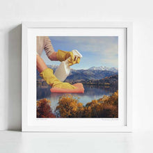 Load image into Gallery viewer, Surreal contemporary artwork titled 'Deep Clean Lake' depicting gloved hands cleaning a picturesque lake with a spray bottle and cloth. Perfect for art enthusiasts and collectors interested in environmental themes. A perfect artwork for sustainable causes for home art or office art