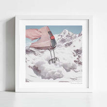 Load image into Gallery viewer, Surreal artwork titled "Doris Whisker II" by Vertigo Artography. Features a hand mixer blending with a snowy mountain landscape, offering a whimsical and imaginative visual experience. Ideal for modern art collections, this piece adds humor and creativity to any space. Set in the French Alps