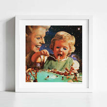 Load image into Gallery viewer, "Eat Up" by Vertigo Artography - Surreal artwork featuring a vintage-style mother and child in a cosmic setting. The child is depicted eating miniature people by a pool, blending everyday scenes with fantastical elements. Perfect for contemporary art collectors and lovers of unique, whimsical art pieces.