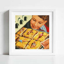 Load image into Gallery viewer, Pop art collage “Girls on Toast” captures 1950s pin-up women lounging across golden cheese toast under the gaze of a smiling child in a nostalgic retro kitchen scene. Ideal for shoppers seeking surreal kitchen art, café wall prints, or vintage diner décor. This kitsch collage mixes humor, food, and nostalgia to create a statement piece for quirky homes, restaurants, or gift ideas for pop art lovers and collectors of unique wall art.