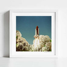 Load image into Gallery viewer, Space travel meets food art in Houston We Have Cauliflower, a surreal artwork where a rocket ship launches from oversized cauliflower florets. This collage print is perfect for home decor, quirky kitchens, man cave interiors, or space themed boys room. Ideal for vegans, vegetarians, science lovers, and anyone looking for wall art that’s both imaginative and humorous. A bold, creative piece of poster art guaranteed to stand out in any gallery wall collection.
