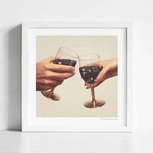 Load image into Gallery viewer, “Primordial Wine” is a celestial art print that reimagines wine as the cosmos itself. Two hands toast with golden glasses filled with swirling galaxies, stars, and cosmic energy, symbolizing the primordial essence of existence. With its surreal and spiritual tone, this artwork is ideal wall decor for wineries, kitchens, dining rooms, yoga studios, or as a thoughtful gift for wine lovers and cosmic art collectors. It beautifully merges the ritual of wine with universal wonder.