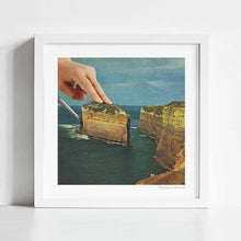 Load image into Gallery viewer, “Serving Up Cake by the Seaside” quirky surreal wall print where a hand serves a seaside cliff as a slice of cake on a plate, blending surrealism with food culture and coastal landscapes. A playful collage art piece that appeals to art lovers, restaurant owners, café decorators, and buyers looking for unique wall art posters. Perfect for gallery wall inspiration, eclectic interior design, or kitchen and dining room decor that combines imagination with conversation-starting charm.