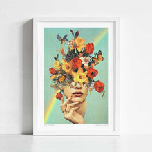 Load image into Gallery viewer, "Baby's in Bloom" artwork by Vertigo Artography featuring a surreal blend of flowerhead art and human form with vibrant flowers, butterflies, and nature-inspired elements.Perfect for contemporary art lovers, this artwork adds a unique touch to any space, celebrating the harmony between humanity and nature. Discover the allure of "Baby's in Bloom" and enhance your collection with this mesmerizing masterpiece.