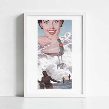 Load image into Gallery viewer, Surrealist artwork titled "Doris Whisker" by Vertigo Artography, depicting a retro vintage hand mixer whisking clouds amidst a mountainous landscape. Perfect for adding a whimsical and unique touch to any room.
