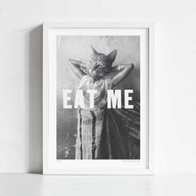 Load image into Gallery viewer, "Eat Me" - A surreal artwork featuring an anthropomorphic cat dressed in vintage attire with the bold text "EAT ME." Perfect for eclectic home decor and cat lovers, this unique art piece adds a whimsical and provocative touch to any space.