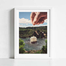 Load image into Gallery viewer, This surrealist print titled “Lake Afternoon Tea” combines nature, humor, and relaxation as a giant teabag infuses a calm mountain lake. Perfect for tea lovers, wellness retreats, and spa day vibes, this artwork makes a unique addition to kitchens, tea shops, and gallery walls. Ideal for people who love afternoon tea, hot drinks, and quirky self-care-inspired décor, it brings whimsical charm and soothing energy to modern interiors and cozy, calming home environments.