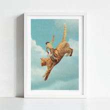 Load image into Gallery viewer, Retro-inspired surreal wall art titled “Mewhaw – Rodeo Cat” shows a cowboy riding a cat like a bucking bronco high in the air. With its western rodeo theme and whimsical twist, this artwork appeals to lovers of cowboys, southern ranch aesthetics, yeehaw culture, and cat-inspired art. Perfect wall decor for Wild West fans, Texas homes, or eclectic interiors seeking fun rodeo nostalgia, vintage collage art, and playful good vibes that celebrate both cowboy energy and cat mischief.