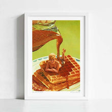 Load image into Gallery viewer, This vintage-inspired artwork, titled “Pour Some Syrup on Me,” features a glamorous retro pin-up reclining on waffles as maple syrup pours over her. Combining playful burlesque style with American diner nostalgia, this wall art is perfect for kitchens, breakfast nooks, cafes, and quirky interiors. Great for food lovers, retro decor fans, or anyone who appreciates kitsch and pin-up posters, this artwork captures 1960s charm with a cheeky, indulgent twist.