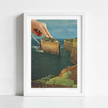 Load image into Gallery viewer, Whimsical surrealist artwork “Serving Up Cake by the Seaside” showing cliffs transformed into a cake slice on a plate, blending seaside views with food-inspired surreal collage art. Perfect wall art print for cafés, restaurants, bars, or kitchens looking for quirky conversation pieces. Designed for buyers searching for posters, wall decor, and collage prints with a retro, imaginative twist. A funky artwork that brings playful surrealism to both commercial interiors and cozy home walls.