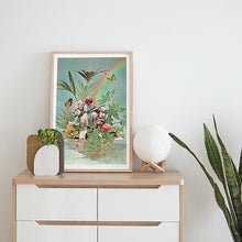 Load image into Gallery viewer, Botanical psychedelic wall art print “Sanctuary” featuring surreal collage imagery of vibrant green plants, colorful mushrooms, butterflies, florals, and a whimsical central character in a rainbow-lit dream garden. This artwork blends nature, surrealism, and fantasy, making it perfect for those searching for trippy wall decor or daydreamer artwork. Ideal home decor print for creating a calming, imaginative sanctuary within your living room, study, or bedroom interior.