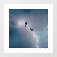 Load image into Gallery viewer, Electric Tui artwork featuring Tui birds illuminated by lightning storm, contemporary digital collage art inspired by New Zealand wildlife, perfect for modern home or office decor.