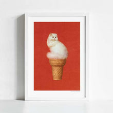 Load image into Gallery viewer, Cat Ice Cream Red  artwork combines a fluffy white Persian cat with an ice cream cone on a vivid red  background. This whimsical and humorous piece is perfect for cat lovers and fans of contemporary pop art. Enhance your home decor with this unique and playful print. Shop now for quirky wall art.