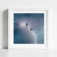 Load image into Gallery viewer, Electric Tui artwork featuring Tui birds illuminated by lightning storm, contemporary digital collage art inspired by New Zealand wildlife, perfect for modern home or office decor.