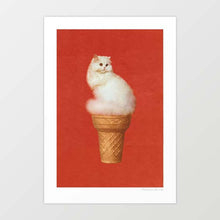 Load image into Gallery viewer,  Cat Ice Cream Red  artwork combines a fluffy white Persian cat with an ice cream cone on a vivid red  background. This whimsical and humorous piece is perfect for cat lovers and fans of contemporary pop art. Enhance your home decor with this unique and playful print. Shop now for quirky wall art.