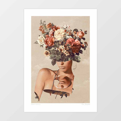 Flower-ism II collage art print showing peonies and roses blooming from a woman's head with a mirrored necklace. A surreal fusion of floral and fashion tones.