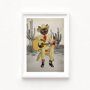 Y’all Ready for This - Cat in the Desert" artwork by Vertigo Artography, featuring a cat dressed as a cowboy with a guitar and maracas, set against a desert backdrop with cacti. A whimsical and surreal piece perfect for adding a touch of humor and character to any room. Ideal for eclectic home decor and art collections.Enhance your interior with this imaginative and playful artwork. Available now for purchase, bring home this delightful fusion of fantasy and realism.