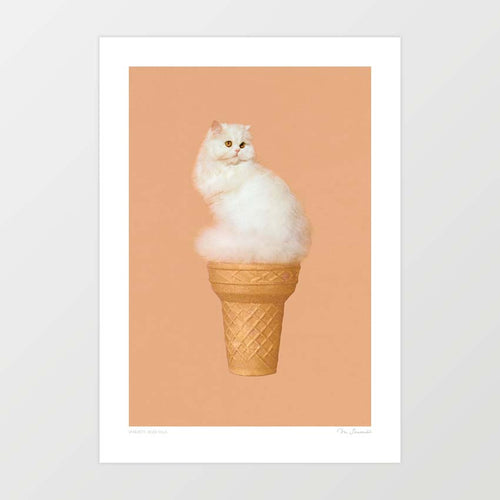 Cat Ice Cream Peach artwork featuring a fluffy white cat blended with an ice cream cone on a pastel peach mocha background, perfect for quirky and modern home decor.suitability for modern home decor, providing a playful and imaginative touch to any space.
