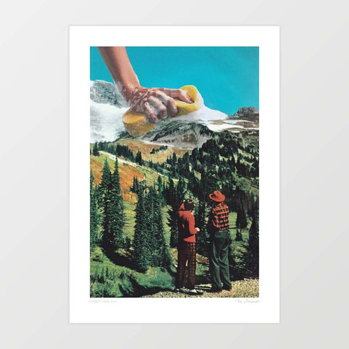 Surrealist artwork of two hikers looking at a mountain being scrubbed clean by a giant hand with a sponge under a clear blue sky