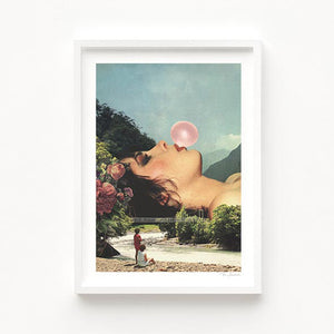 "Bubble Gum Girl" artwork blending surrealism and pop culture. Featuring a serene girl blowing a pink bubble against a tranquil natural background, this whimsical piece is ideal for modern art enthusiasts and collectors. Captures the playful essence of contemporary creativity set amongst a serene nature landscape photography