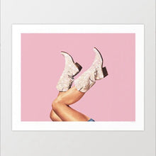 Cargar imagen en el visor de la galería, Add a touch of glamour with &#39;These Boots - Glitter Pink.&#39; This stunning artwork features glittery pink cowgirl boots set against a vibrant backdrop, perfect for boho-chic and glam decor. Ideal for home, office, sorority, dorm room or studio spaces. Shop now for a bold, stylish addition to your collection