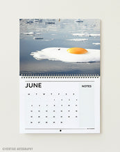 Load image into Gallery viewer, A spiral-bound desk calendar page hanging on a light beige wall. The top half shows a surreal photograph of a fried egg floating on water with ice floes.