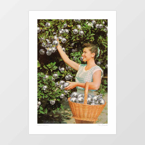 Retro collage art of a 1960s woman picking disco balls from trees into a basket – fun, surreal wall art for fans of funky, kitsch, and disco-themed interiors.