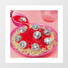 Load image into Gallery viewer, Spaghetti Disco Balls Pink and Red art print — spaghetti and tomato sauce on a pink plate with mirrored disco balls as meatballs and red sauce being poured from a pink gravy boat, surreal Italian food disco wall art for kitchens and restaurants