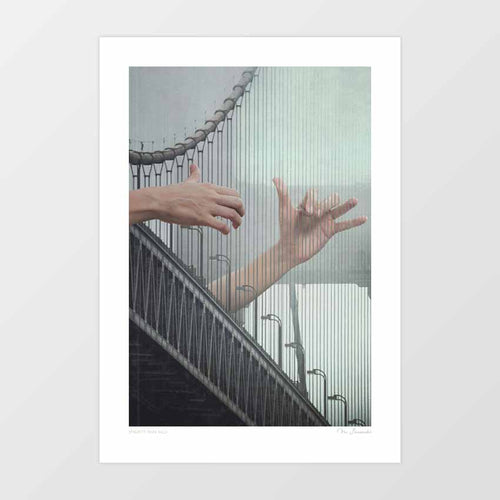 Surreal wall art of hands playing bridge cables like a harp, inspired by foggy coastlines and musical dreamscapes. Ideal for music and architecture lovers.