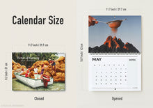 Load image into Gallery viewer, Size comparison graphic for a 2027 art calendar, showing both closed and open states. The closed view shows the front cover with a chicken-themed illustration and the text 'Vertigo Artography 2027 Calendar.